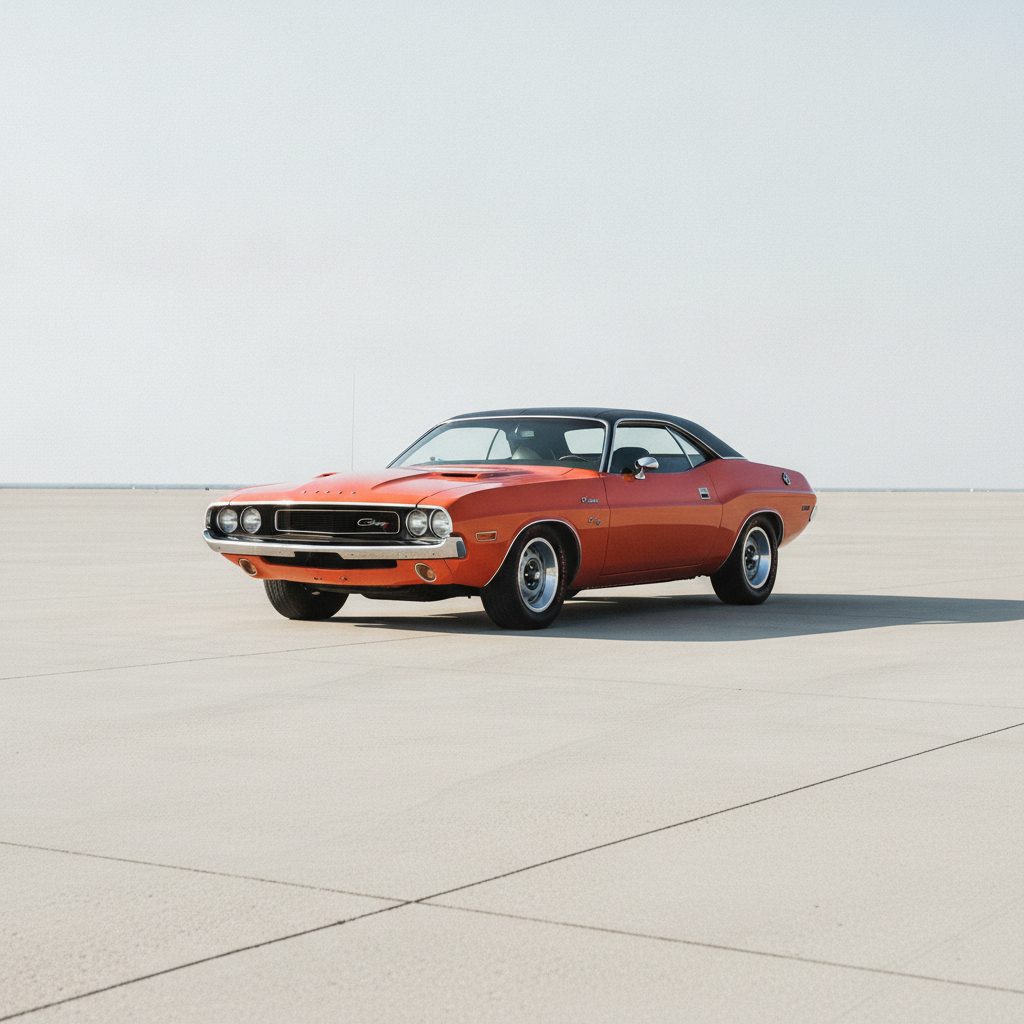 An orange 1970 Dodge Challenger R/T on a clean concrete pad