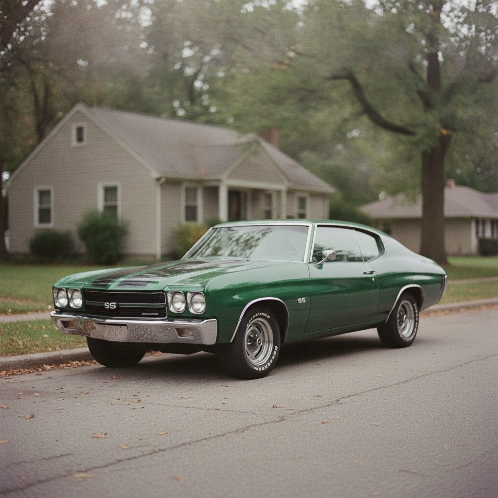 A dark green 1970 Chevrolet Chevelle SS parked on a quiet residential street