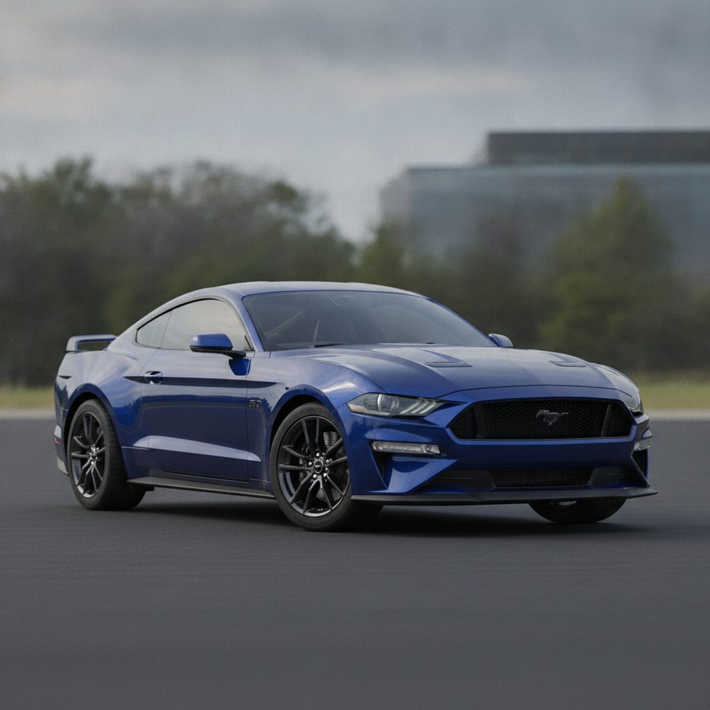 A blue modern Ford Mustang